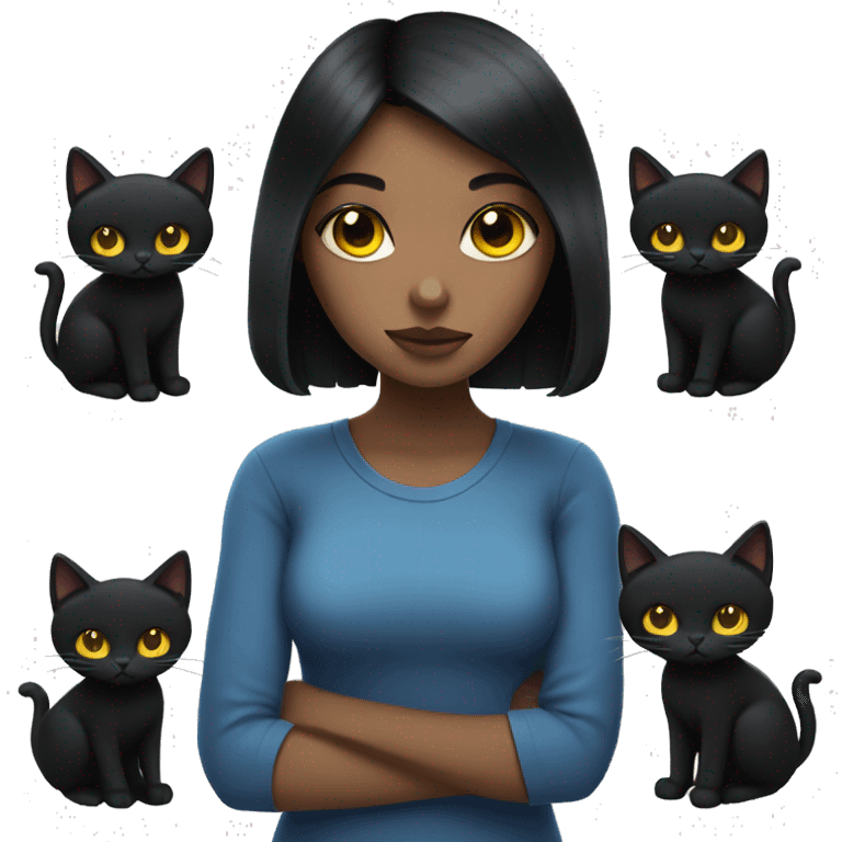 girl with black hair with blues eyes holding a black cat with yellow eyes emoji