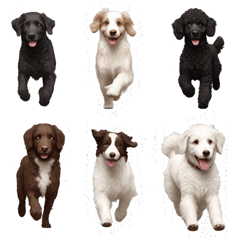 Chocolate doodle, white Australian shepherd, black poodle, gsp running in a line emoji