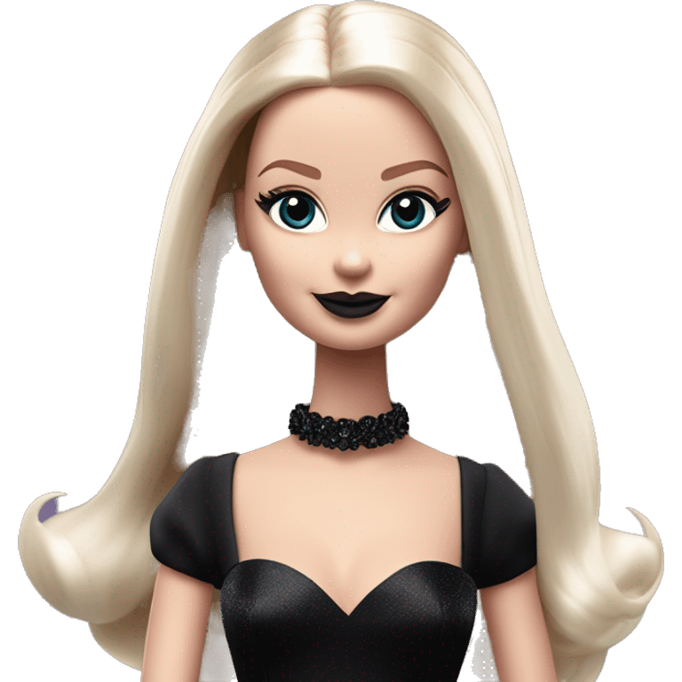  Bunny Wednesday Addams Barbie dancing.  Pretty face. Longer hair, short black flowing strapless evening gown with  plunging neckline that’s off-the-shoulders that also shows her legs and black shiny velvet high heel shoes. emoji