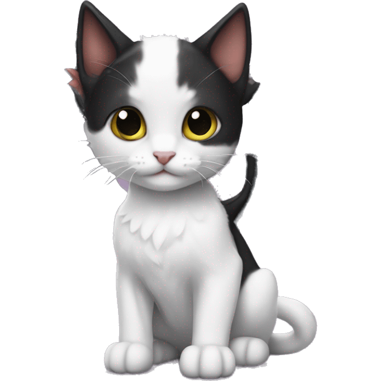 Small black and white kitten with dragon wings emoji