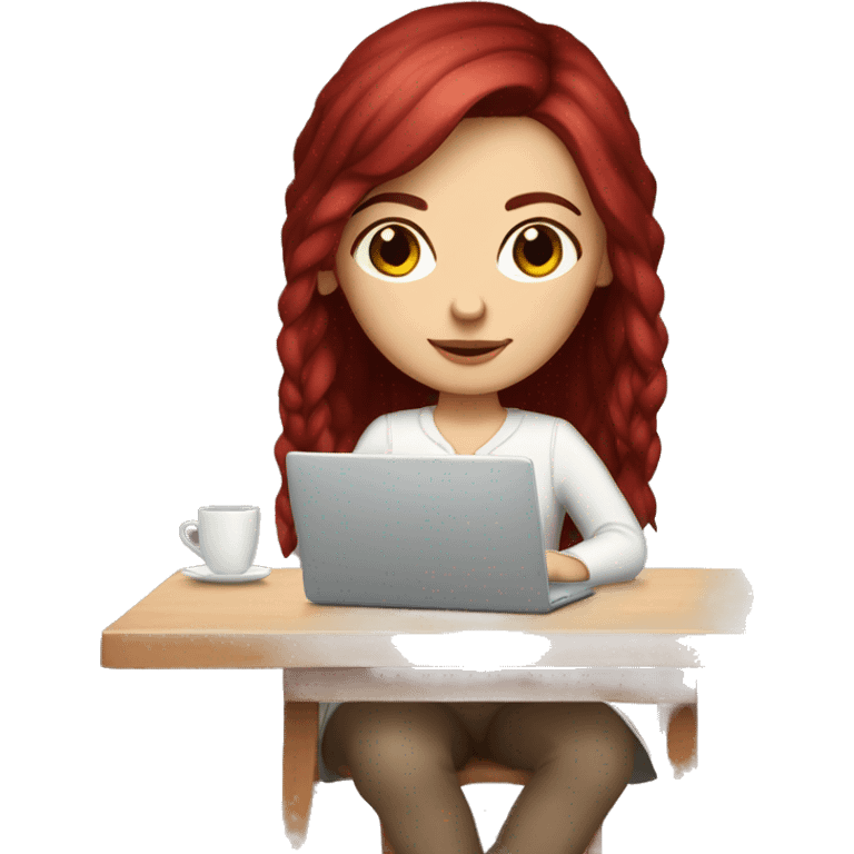 Slavic white girl with burgundy hair and brown eyes with laptop on the table  emoji