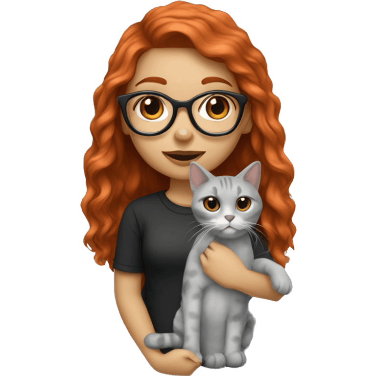 A long hair red headed girl with light skin, black glasses, a nose ring, holding an all grey cat  emoji