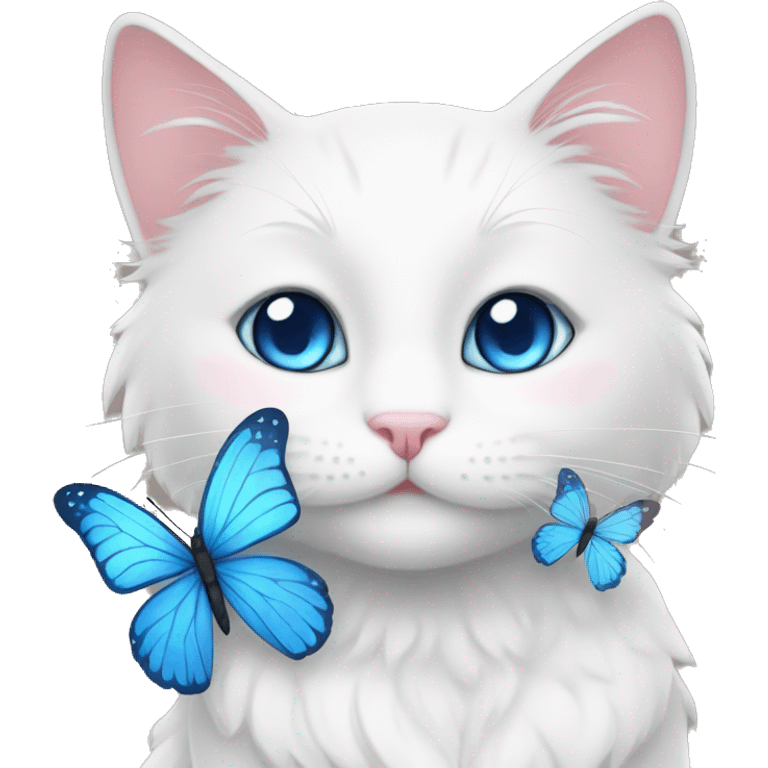 Cute gorgeous white cat with blue eyes sona with flowers and butterflies emoji