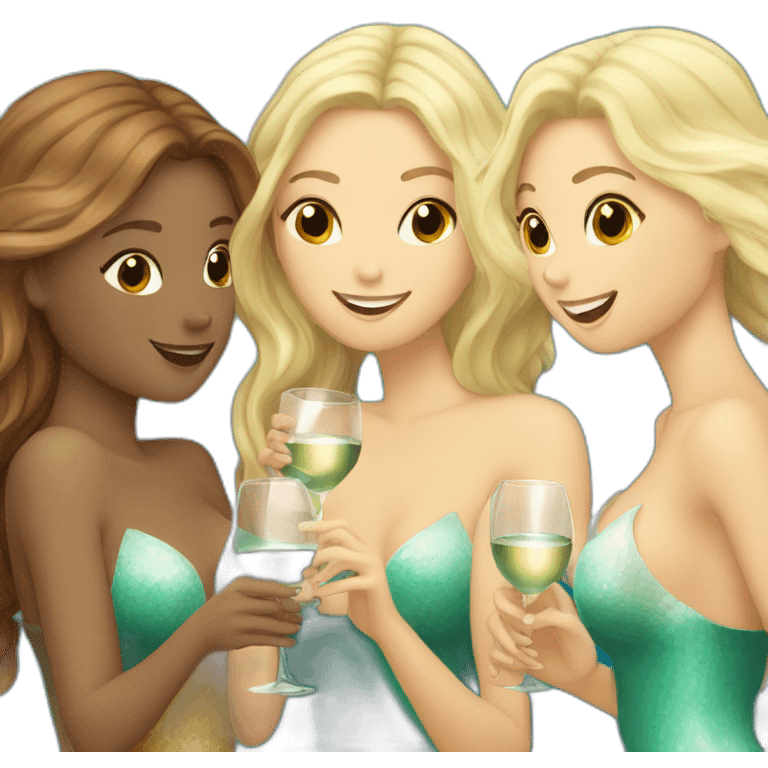 Three beautiful mermaids (one blond and two brown hair) drinking wine emoji