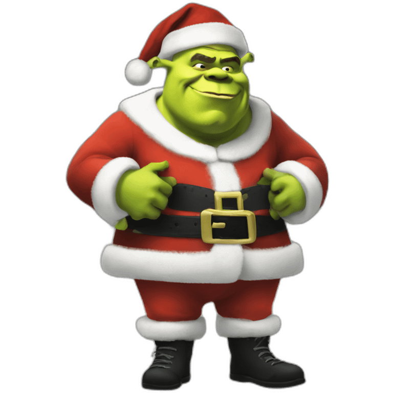 shrek as santa standing-with-black-shoes with ak emoji