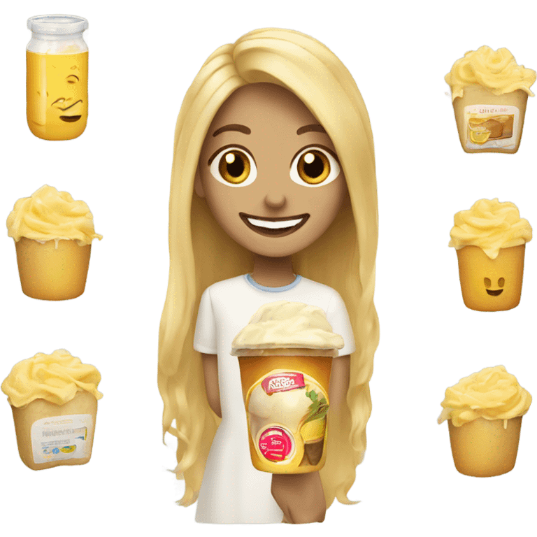 smiling blonde with long hair with mayonnaise emoji