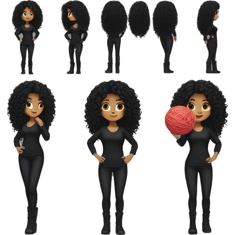 woman with long black curly hair holding a ball of yarn wearing black clothes emoji