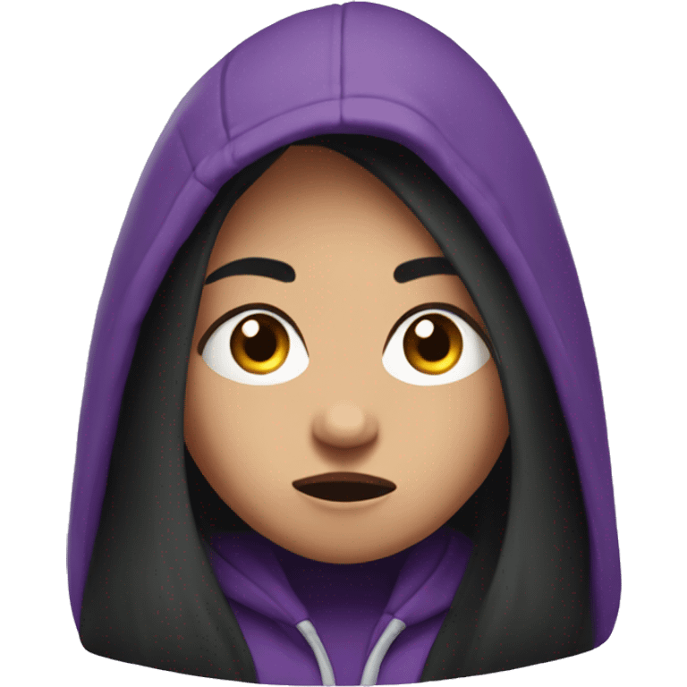 girl with long black hair, purple eyes, and purple hoodie looking scared emoji