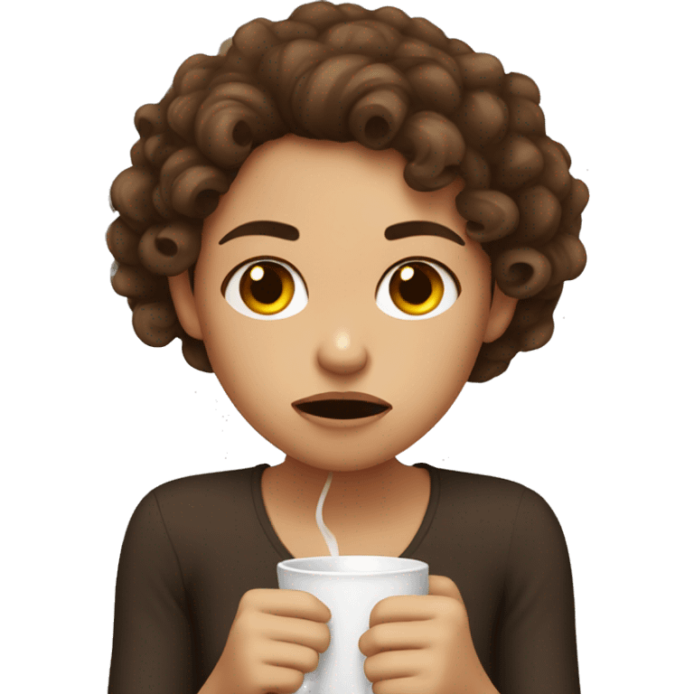 Angry spanish girl with curly brown hair drinking coffee emoji