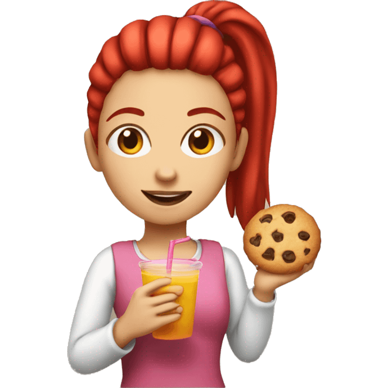 Girl with a red ponytail holding a cookie and juice emoji