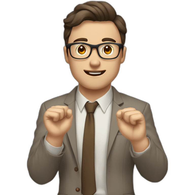 To belt Actively gesturing with hands Pale skinned fit man with dark brown hair in gray jacket, beige office shirt, brown tie, brown pants and vintage glasses. emoji