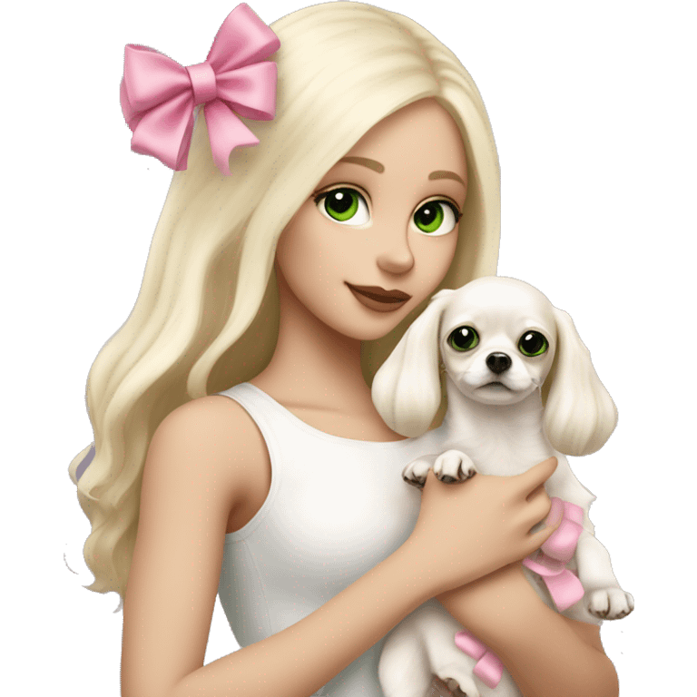 pale blond girl with long platinum hair with green eyes holding a white chihuahua puppy that wearing a pink bow emoji