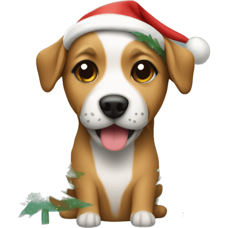 Dog with Christmas hat and Christmas tree lights wrapped around the dog emoji