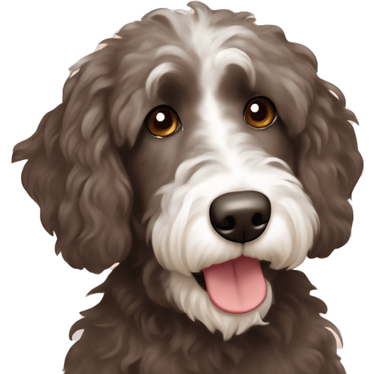 dark brown aussiedoodle with white hair around mouth and chest with liver colored nose  emoji