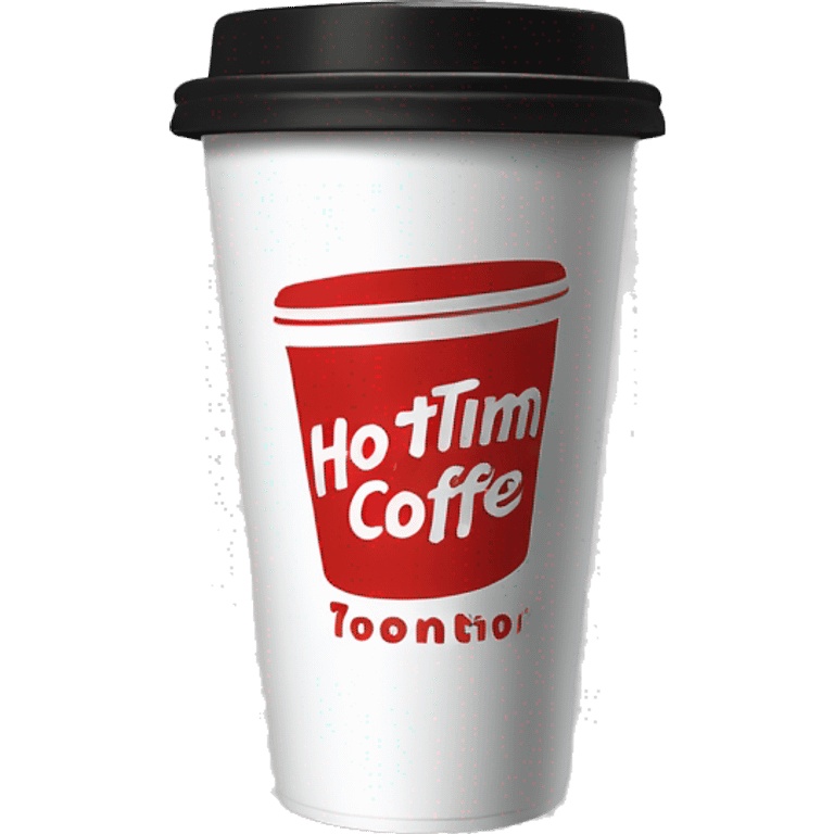 “Red Tim Hortons coffee cup with bold white script logo, black plastic lid, and smooth, minimalist design.” emoji