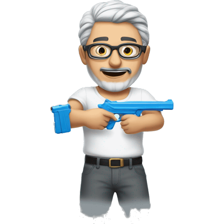 Turkish man with grey hair and protective glasses and white t-shirt aiming a water gun with one hand  emoji