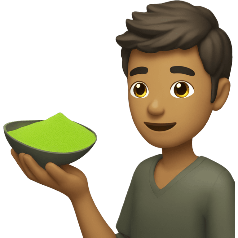 Create gold men who is holding matcha powder in his hand emoji