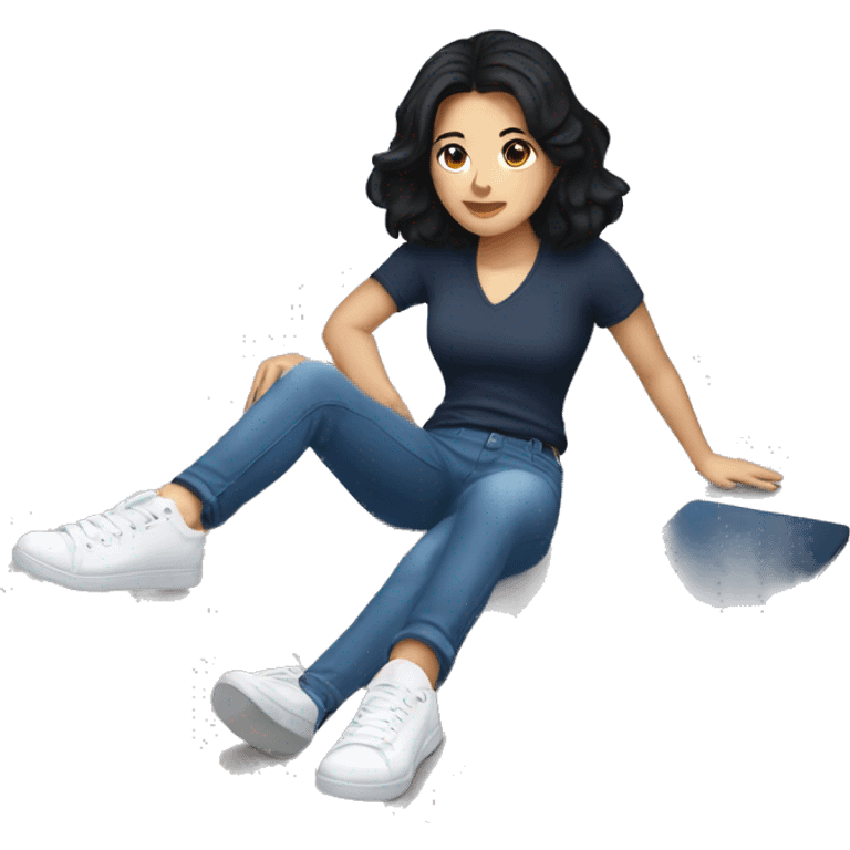 white woman with black hair, dark blue shirt and jeans, white sneakers lying on the floor emoji