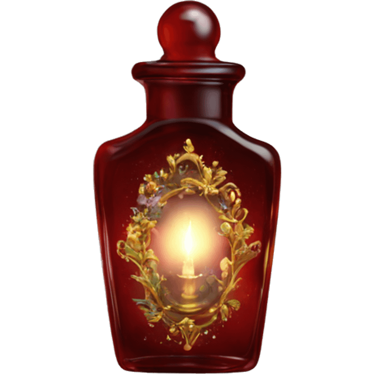 Dark red magic fairy light sparkling old Antique oil perfume bottle with herbal and flowers emoji