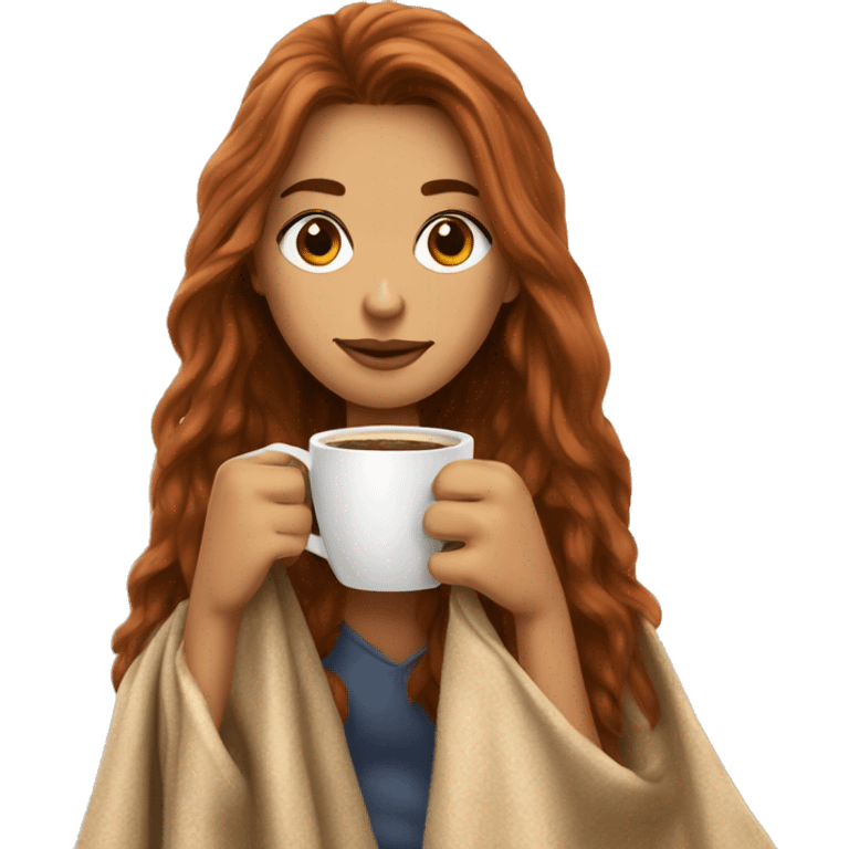 Auburn long haired girl in with a blanket and a latté coffe emoji