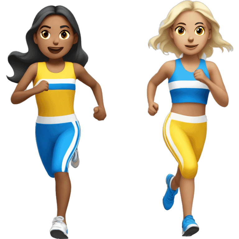 3 pale hispanic girls running a race with yellow blue and white outfits  emoji