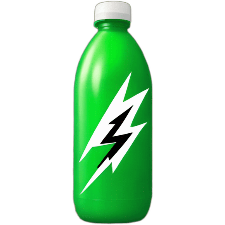 A green plastic bottle with a black label on top, on the black label a yellow and black mullioned lightning bolt collides and turns white  emoji