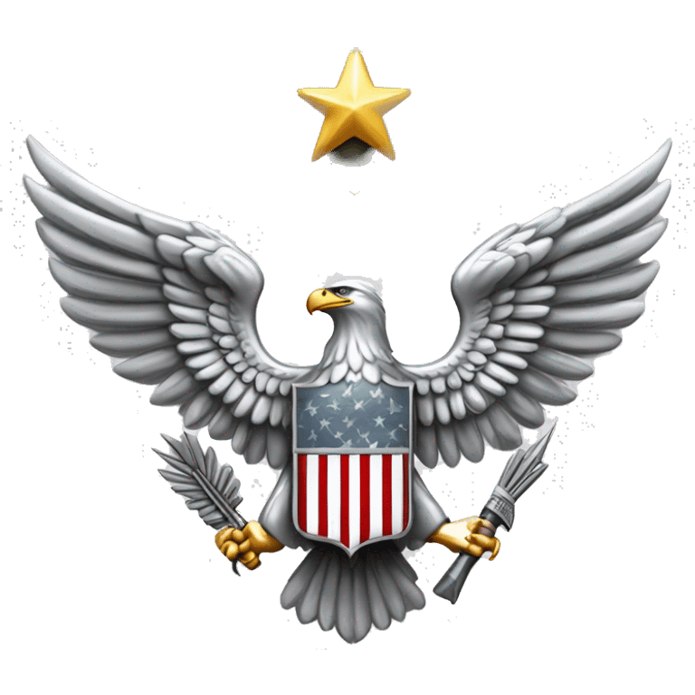 Create an emoji of a silver US Army O-6 Colonel insignia: a detailed silver eagle with outstretched wings, clutching arrows and bearing a shield on its chest. Ensure the background is transparent. emoji