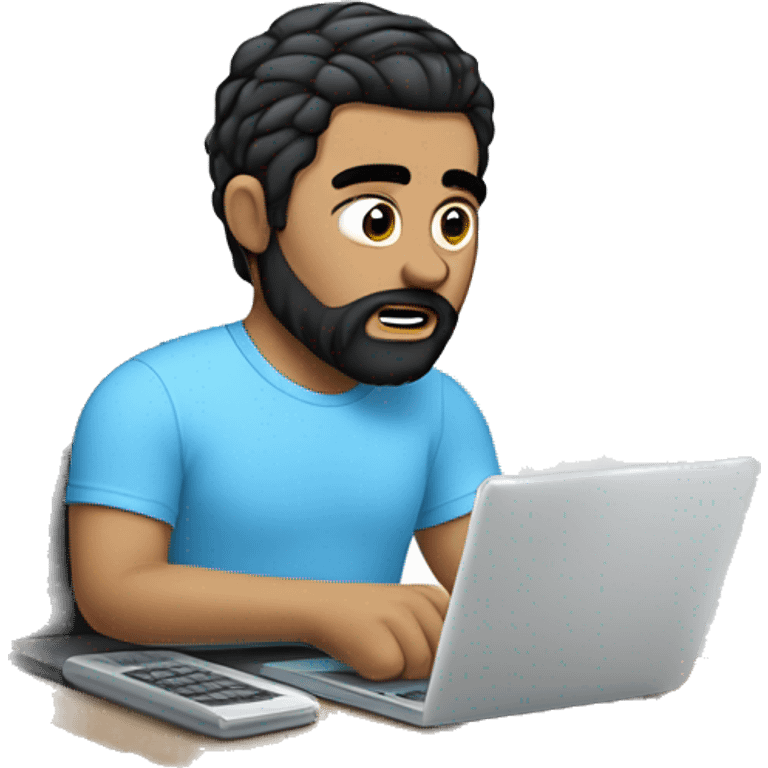 white guy with beard black hair up thin face typing in laptop wearing sky blue t-shirt, laptop should be in his hands emoji