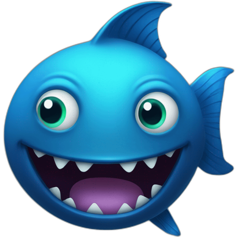 dark blue magic fat thing with a cyen face and a cyan fish fin and a big open mouth emoji