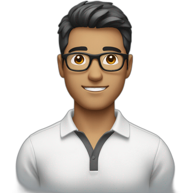 young guy with a white polo and black hairs and grey glasses emoji