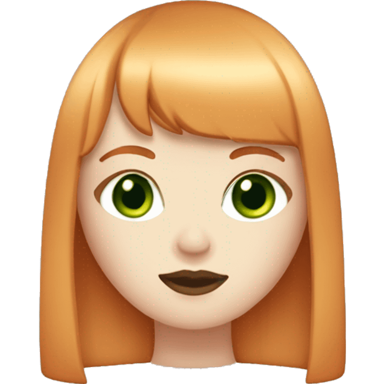 ginger girl, pale face, green eyes, pink lipstick, shoulde lenght straight hair with bangs emoji