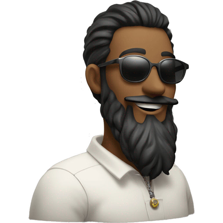 man with beard, smoking a ciggarette, wearing sunglasses, looks cacausian, has a manbun, and doest smile emoji