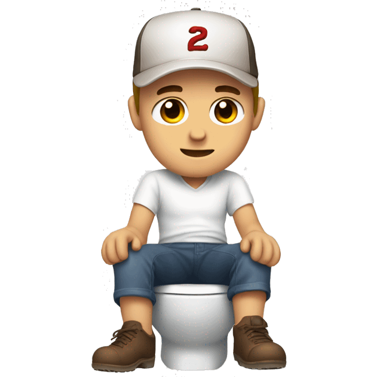 White man with brown eyes wearing a backwards baseball hat sitting on the toilet emoji