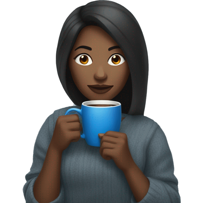 black woman, straight hair, holding blue mug of coffee with a cozy expression emoji