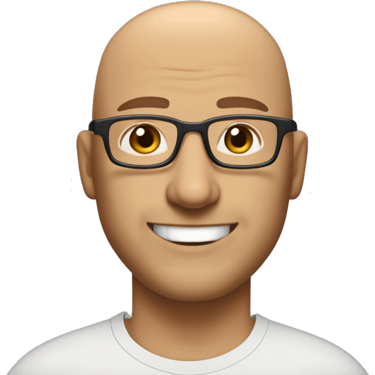 Bald middle age man with rectangle glasses, a wide nose, very light stubble, and smiling. Have him wear a dark t shirt, blue jeans, and tan work boots. don't make him fat but give him a wider, manlier frame emoji