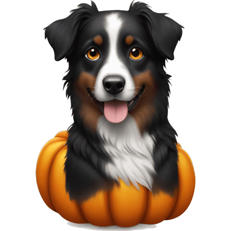 Small black australian shepherd dog in a pumpkin emoji