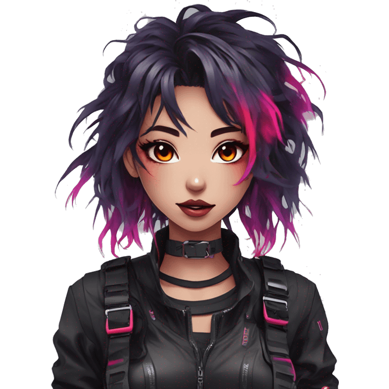 Gorgeous bright colorful neon techwear anime style lady with blushing face aesthetic and pretty edgy black red punk messy hair with collar and harness trending style emoji