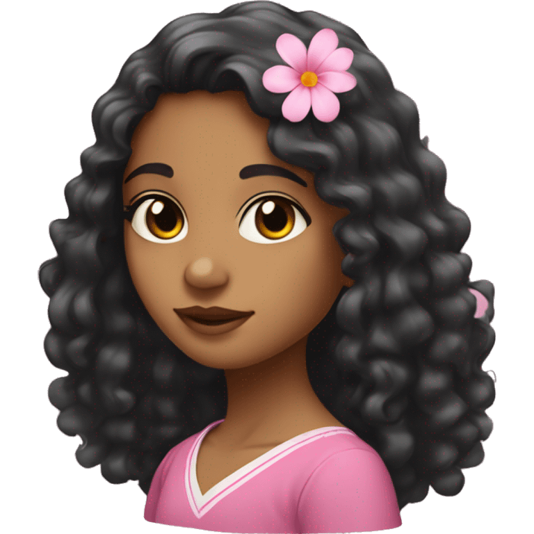 srilankan girl with long black curly hair, almond eyes and a pink flower tucked behind her ear  emoji