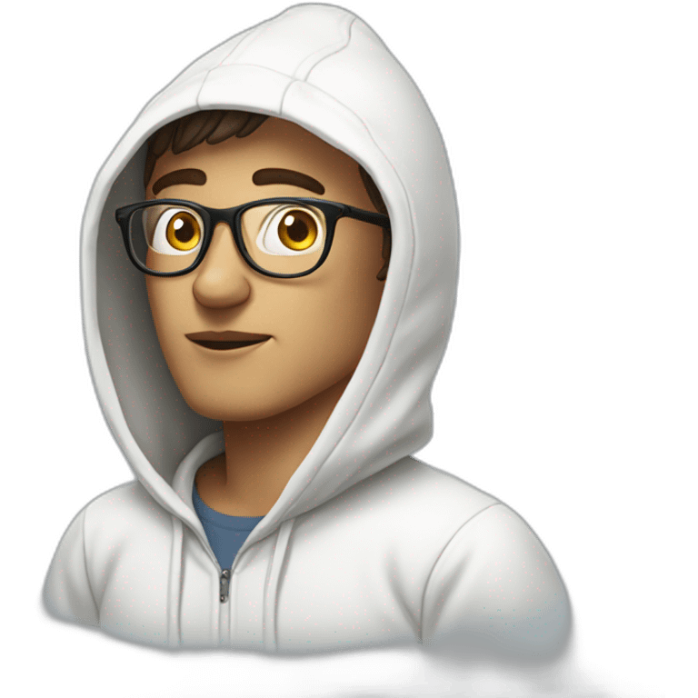 a man in a white hoodie with glasses and egg-shaped face emoji