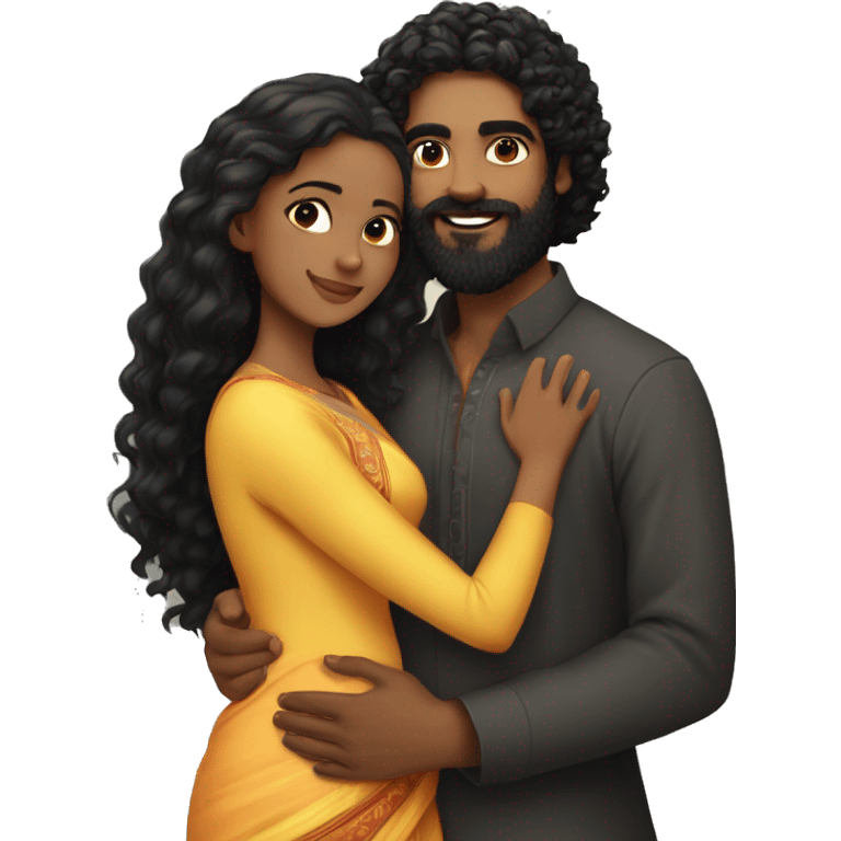 Light skin;Black long hair girl  in a saree hugging with a man with black beard and curly hair on top emoji