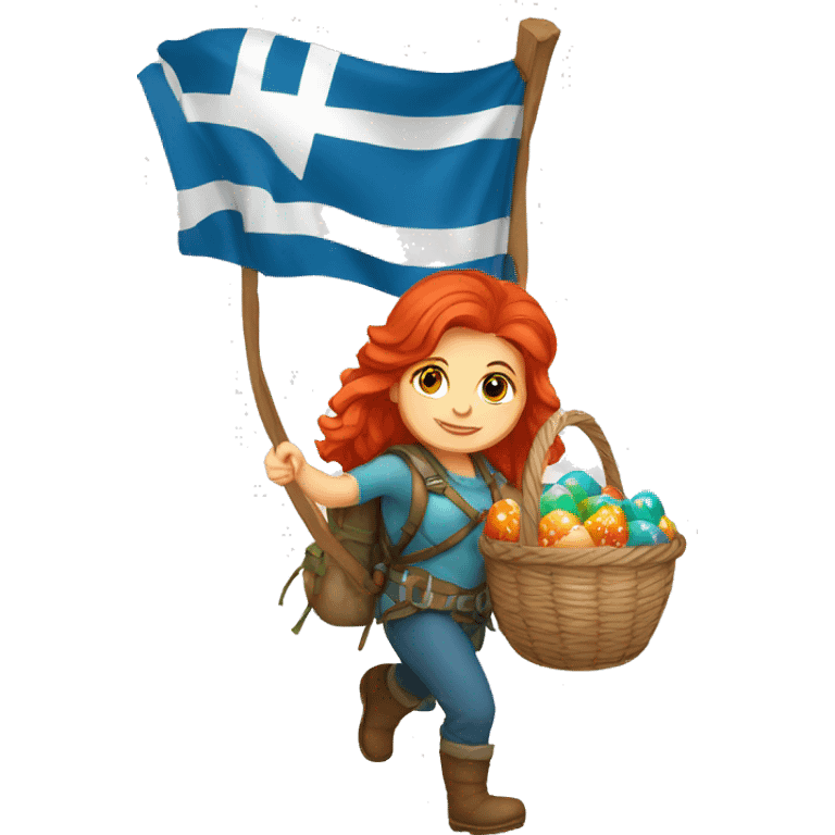 red hair female winter mountaineer climbing with Easter basket and Greek flag emoji