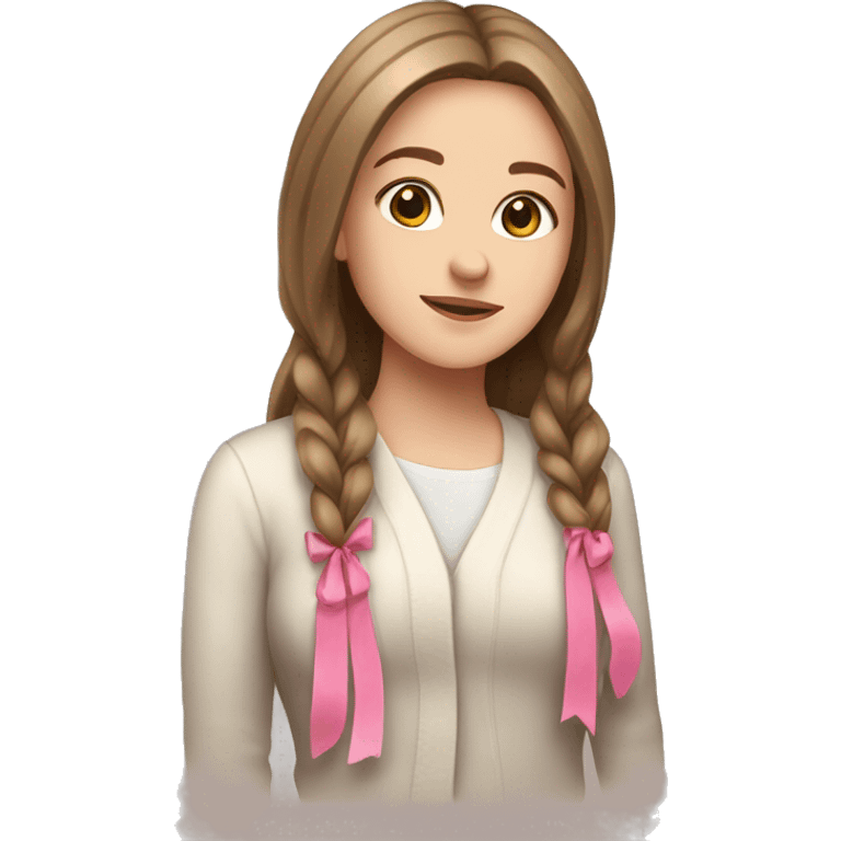 white girl, cardigan white, long straight brown hair, pink ribbon  emoji