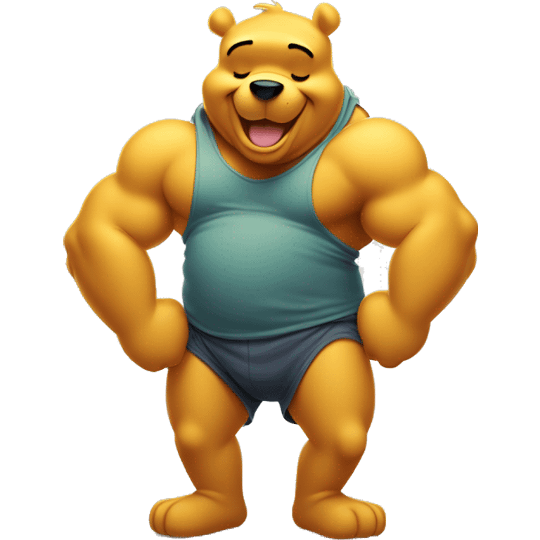 Winnie the pooh flexing big biceps with a big tummy and floppy untied sneakers emoji