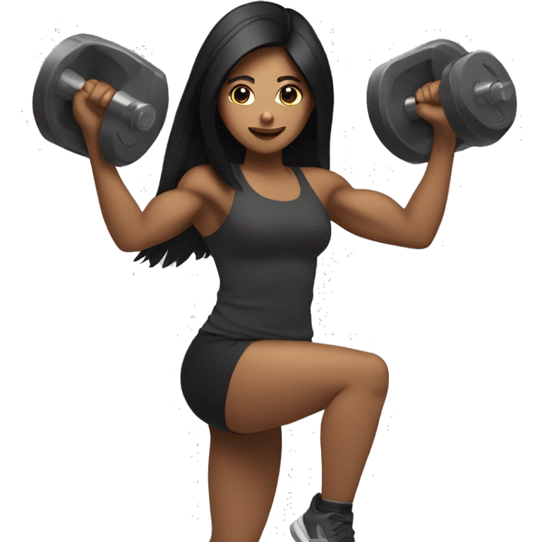 tan girl with long black hair lifting weights emoji