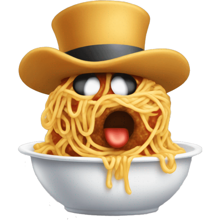 A spaghetti wearing a top hat or fedora willfully puking meatballs  emoji