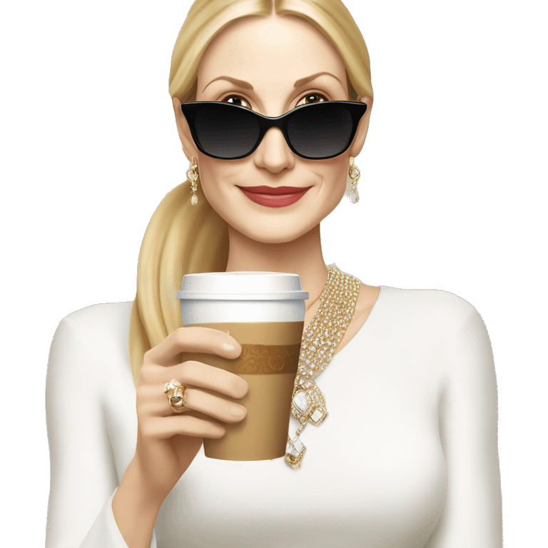 Kelly Rutherford with jewellery wearing white drinking cappucino emoji