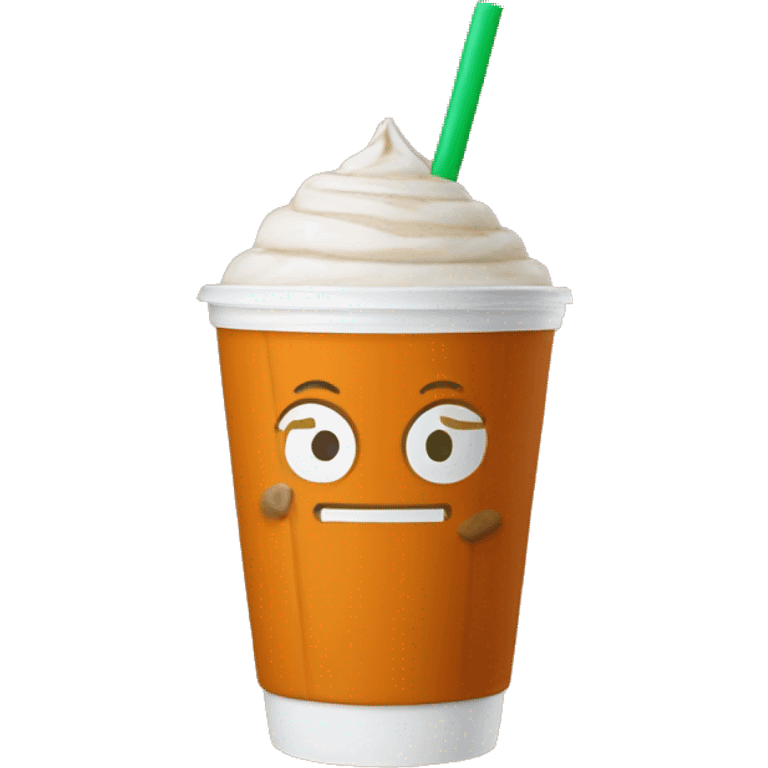 pumpkin shape cold cup with pumpkin spice latte and a green straw emoji