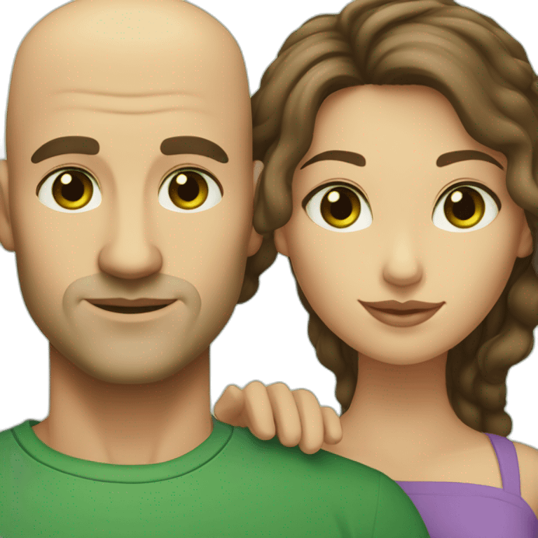 caucasian bald man with green eyes and a caucasian woman with long curly dark hair and brown eyes emoji