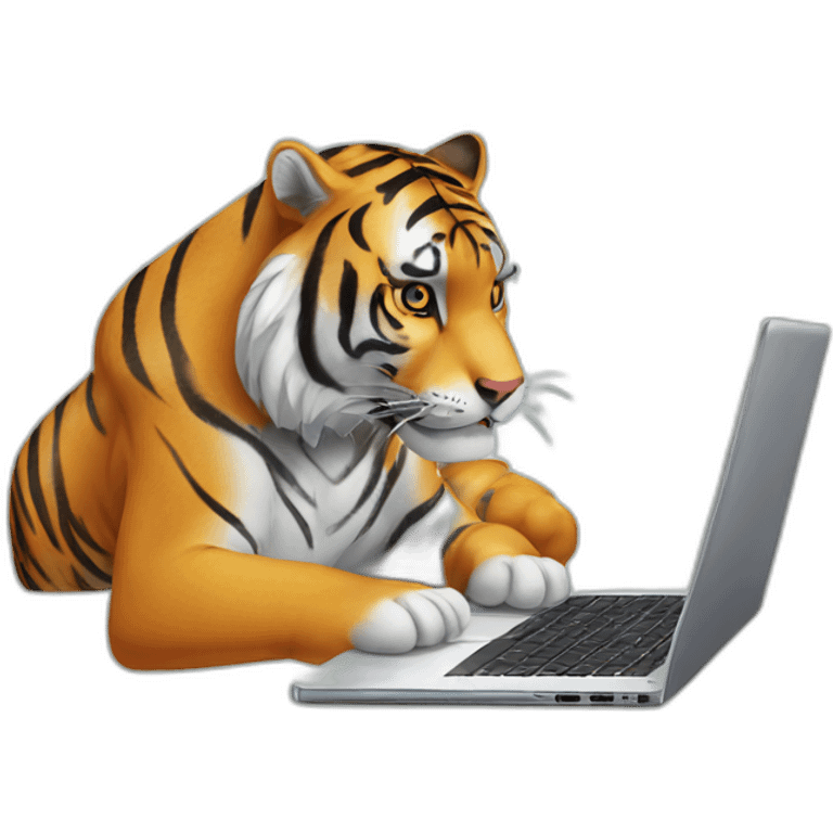 A tiger who study on a laptop with an "AVEX" sticker on it emoji