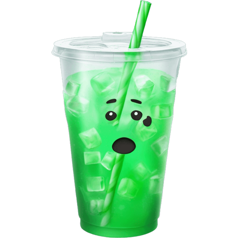 Realistic plastic cup and lid with Transluscent green soda and large ice cubes inside and one straw through the top of the lid. emoji